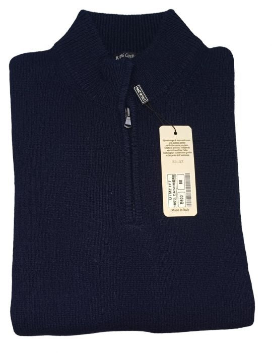 Suéter 100% cashmere, Made in Italy con cremallera zip, color azul marino