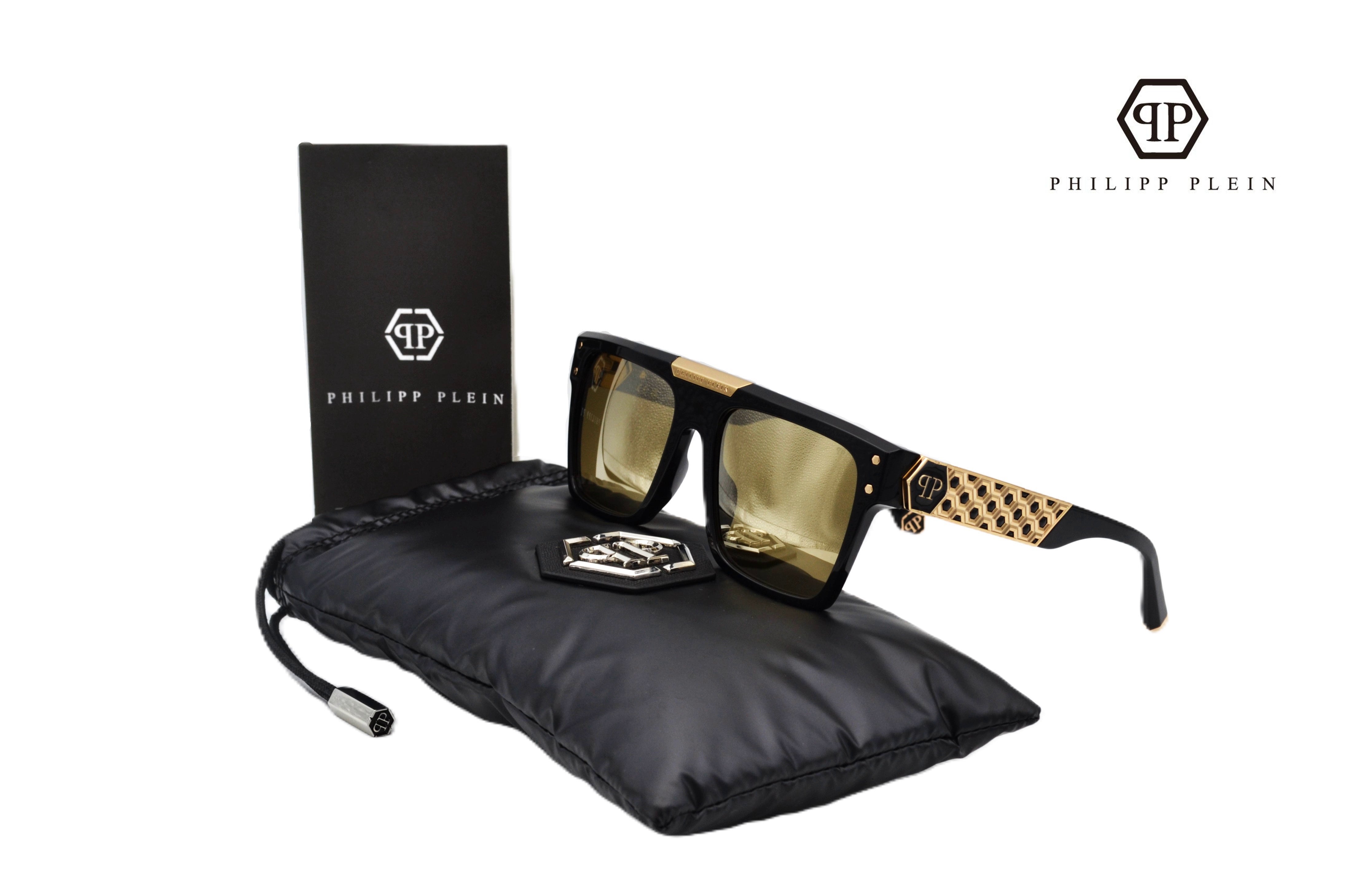 Gafas de sol Philipp Plein - 23K Gold Plated - Plein Badge SPP080 700G Diseño de acetato y chapado en oro para hombre