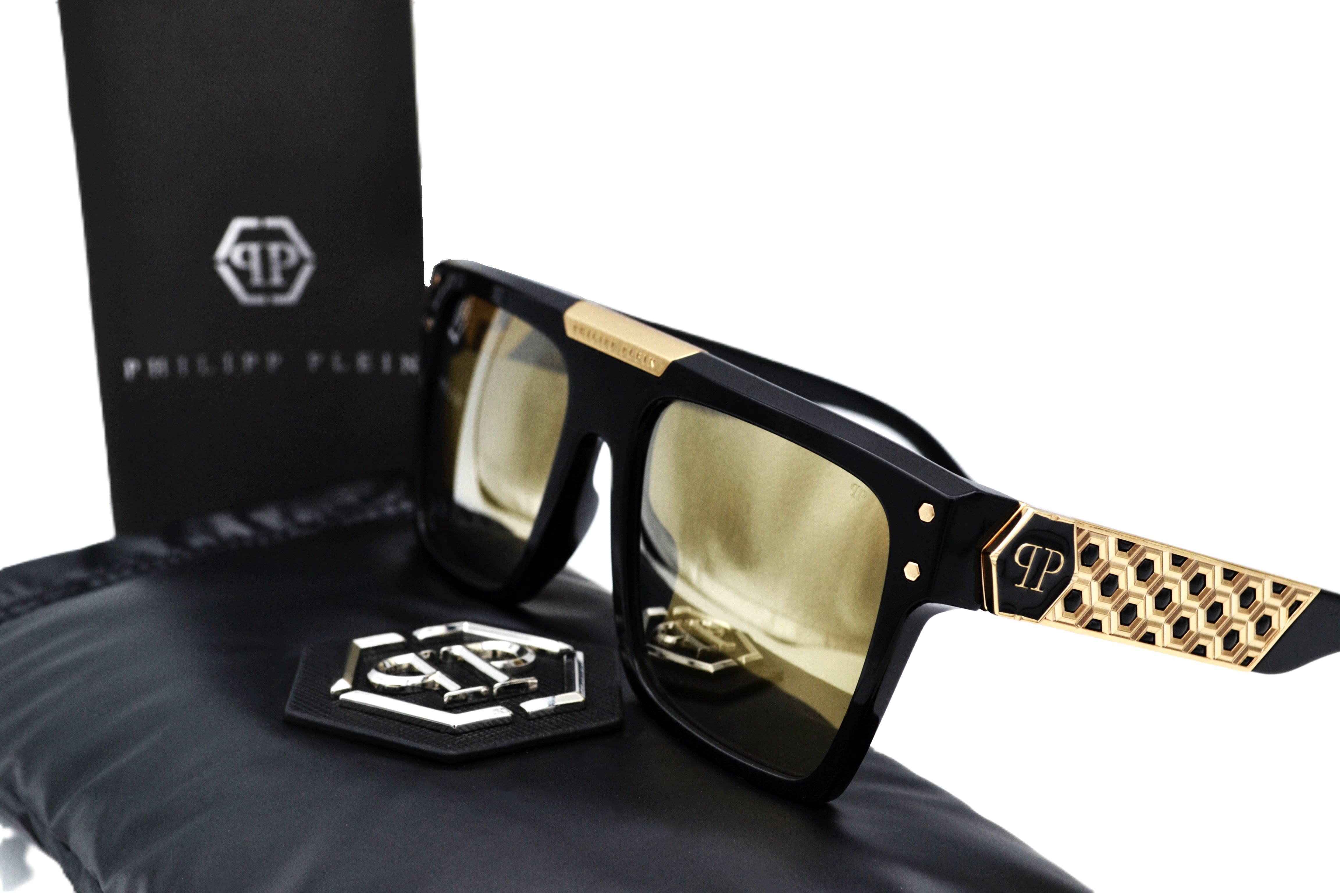Gafas de sol Philipp Plein - 23K Gold Plated - Plein Badge SPP080 700G Diseño de acetato y chapado en oro para hombre