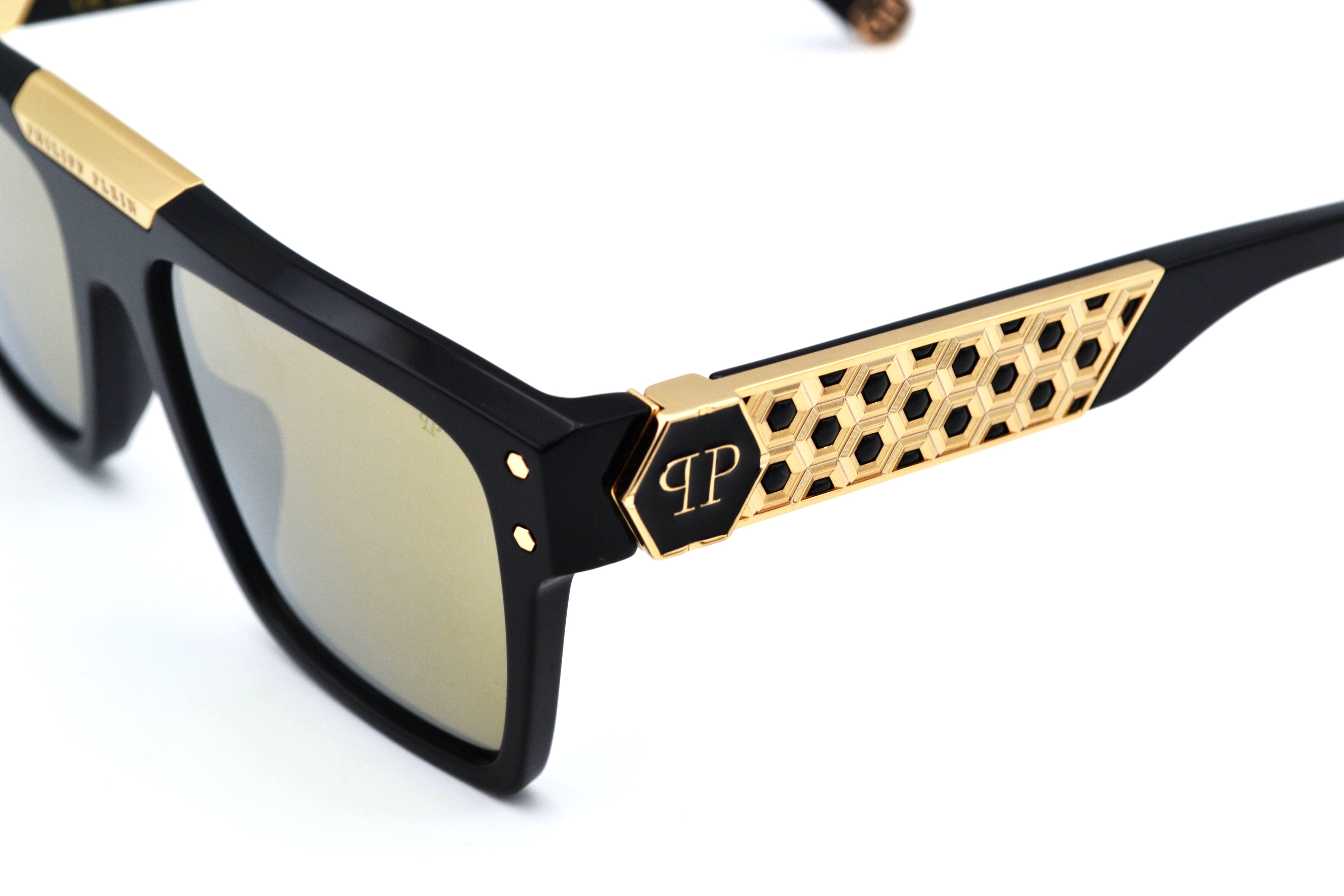 Gafas de sol Philipp Plein - 23K Gold Plated - Plein Badge SPP080 700G Diseño de acetato y chapado en oro para hombre
