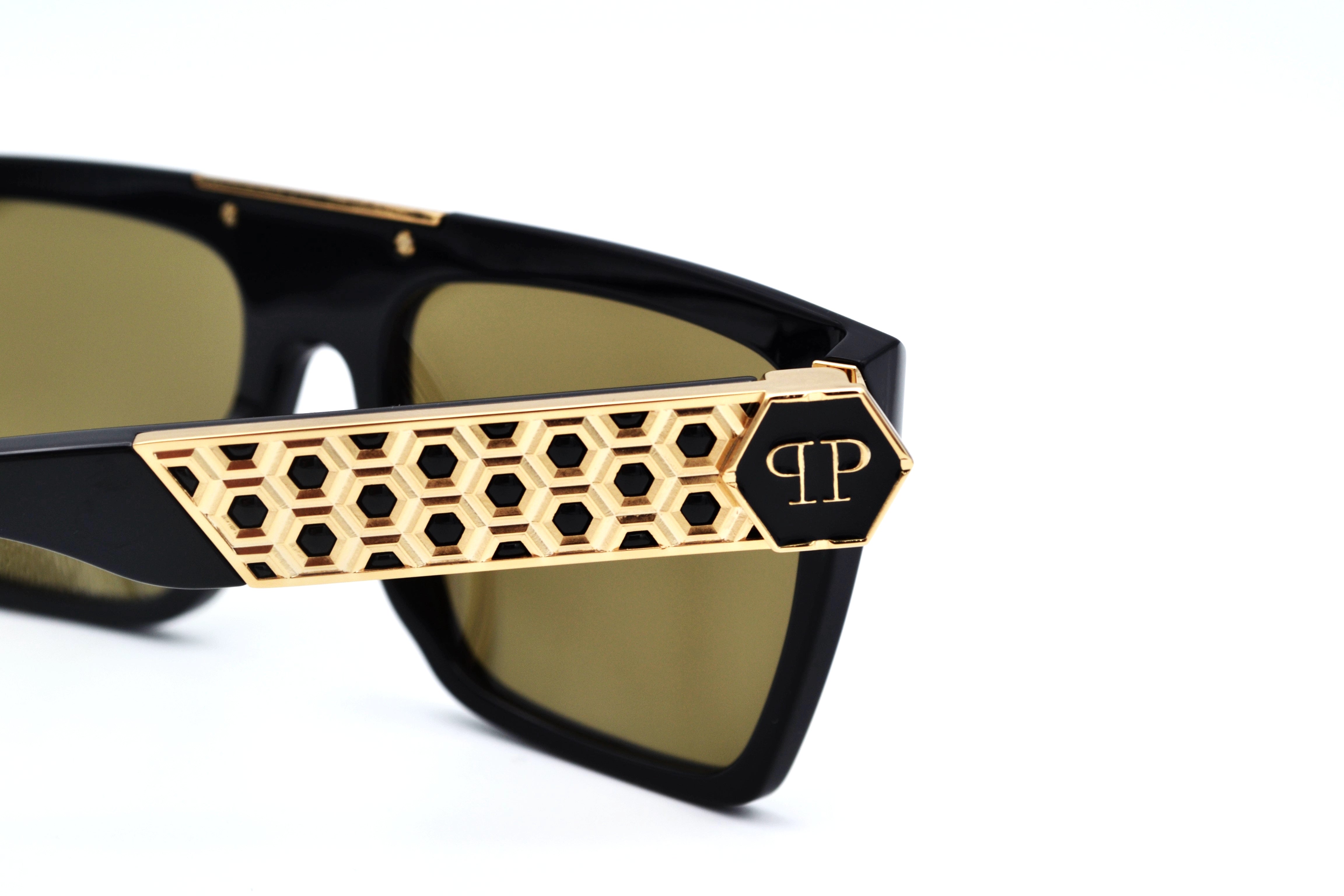 Gafas de sol Philipp Plein - 23K Gold Plated - Plein Badge SPP080 700G Diseño de acetato y chapado en oro para hombre