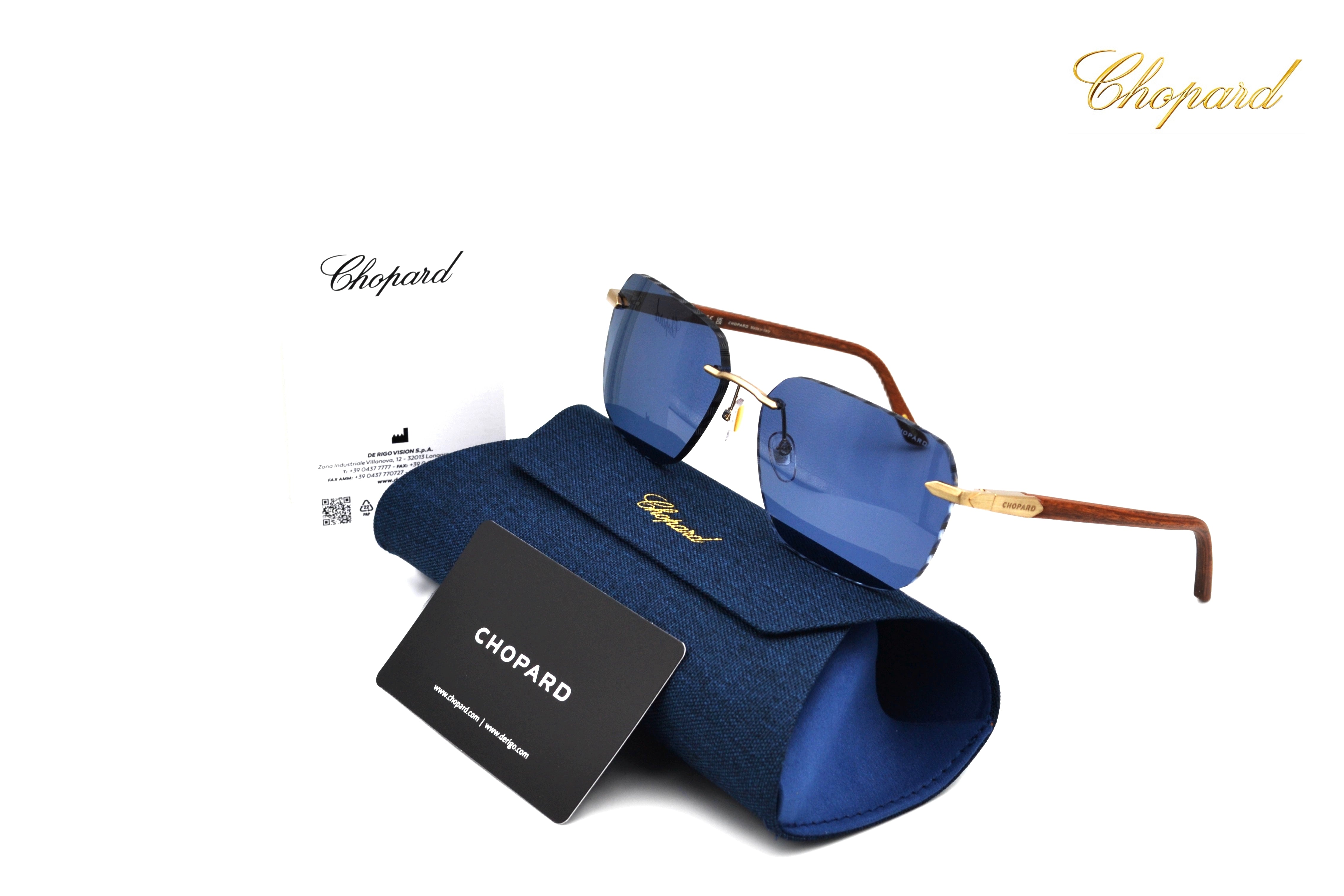 Gafas de sol Chopard SCHG62V 383P Diseño rectangular de madera y metal, lentes azules