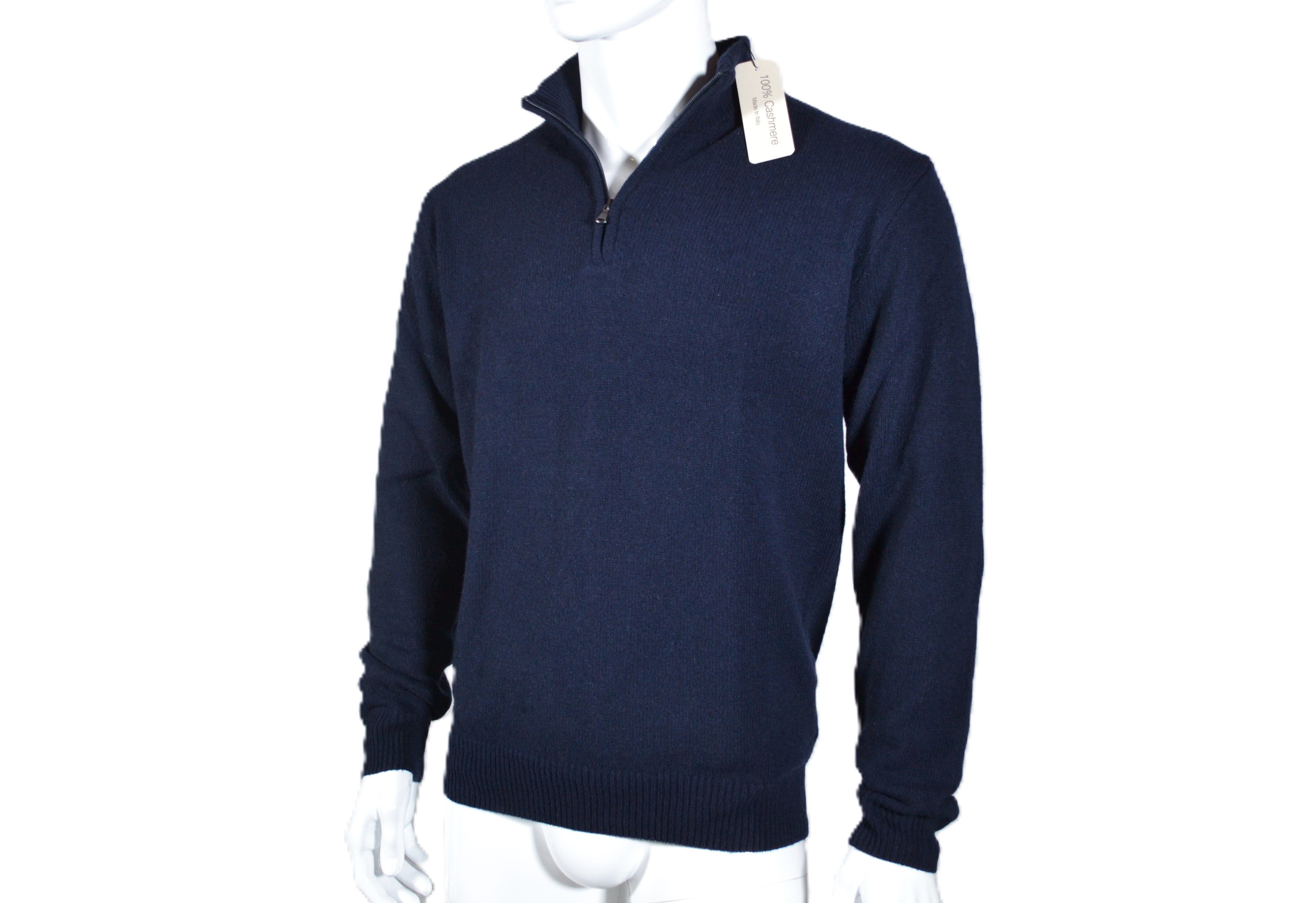 Suéter 100% cashmere, Made in Italy con cremallera zip, color azul marino