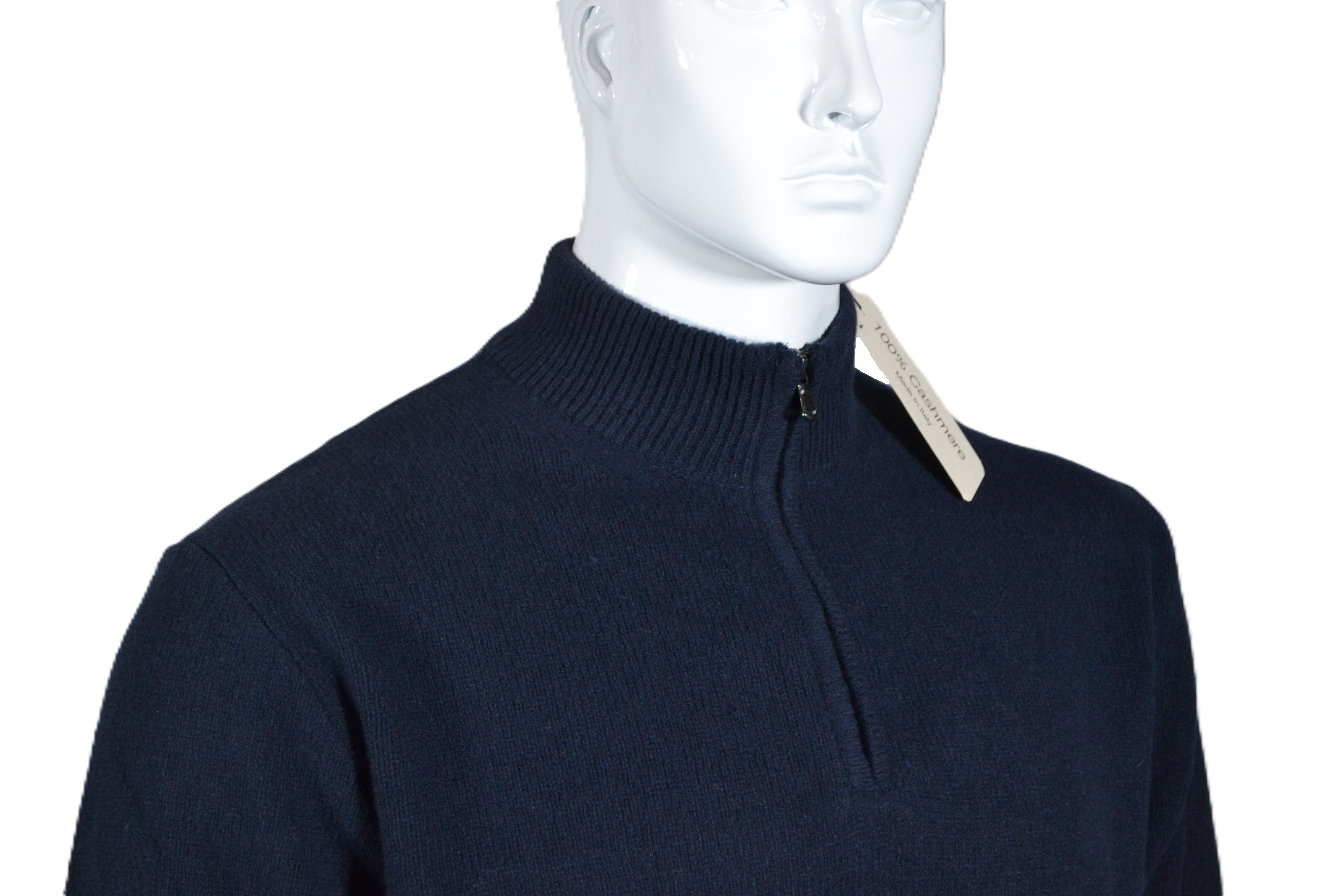 Suéter 100% cashmere, Made in Italy con cremallera zip, color azul marino