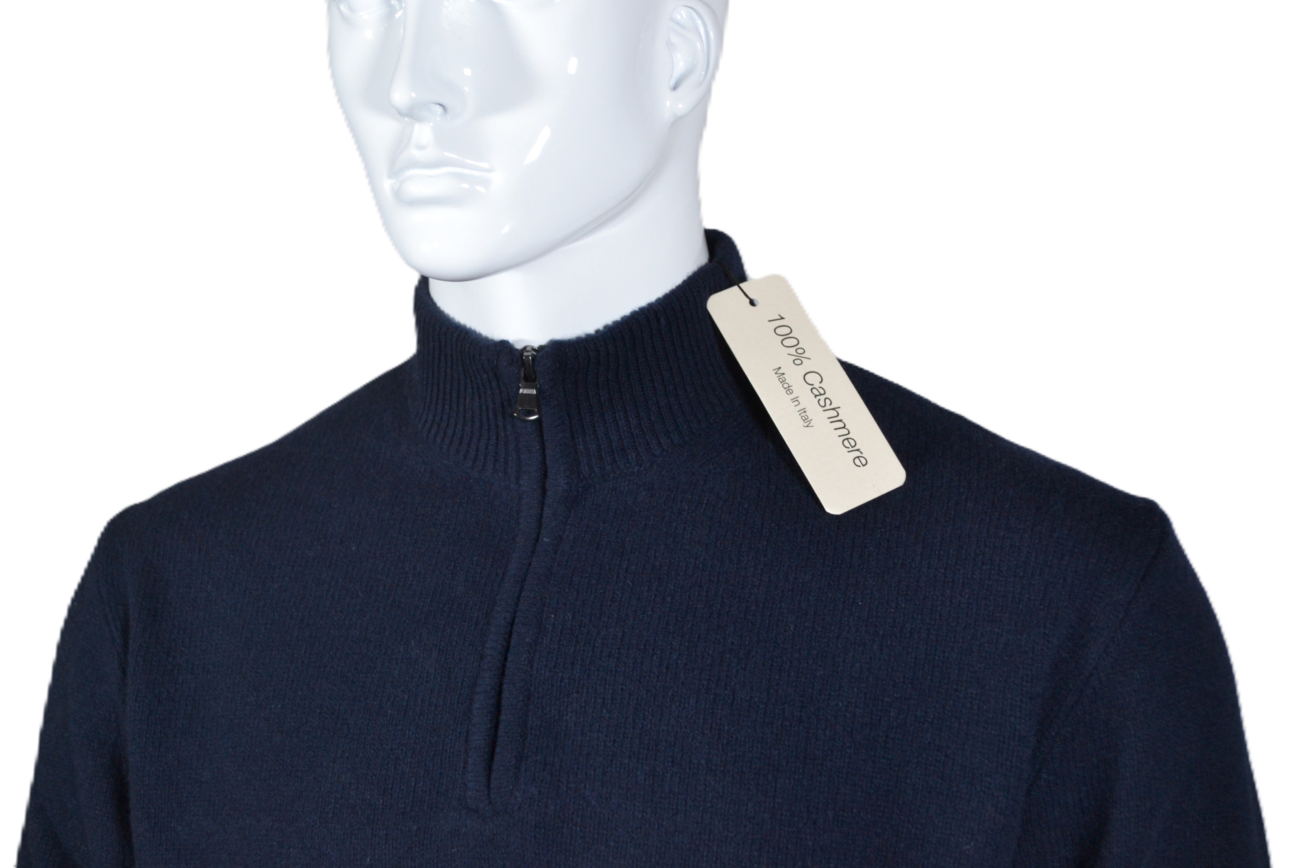 Suéter 100% cashmere, Made in Italy con cremallera zip, color azul marino