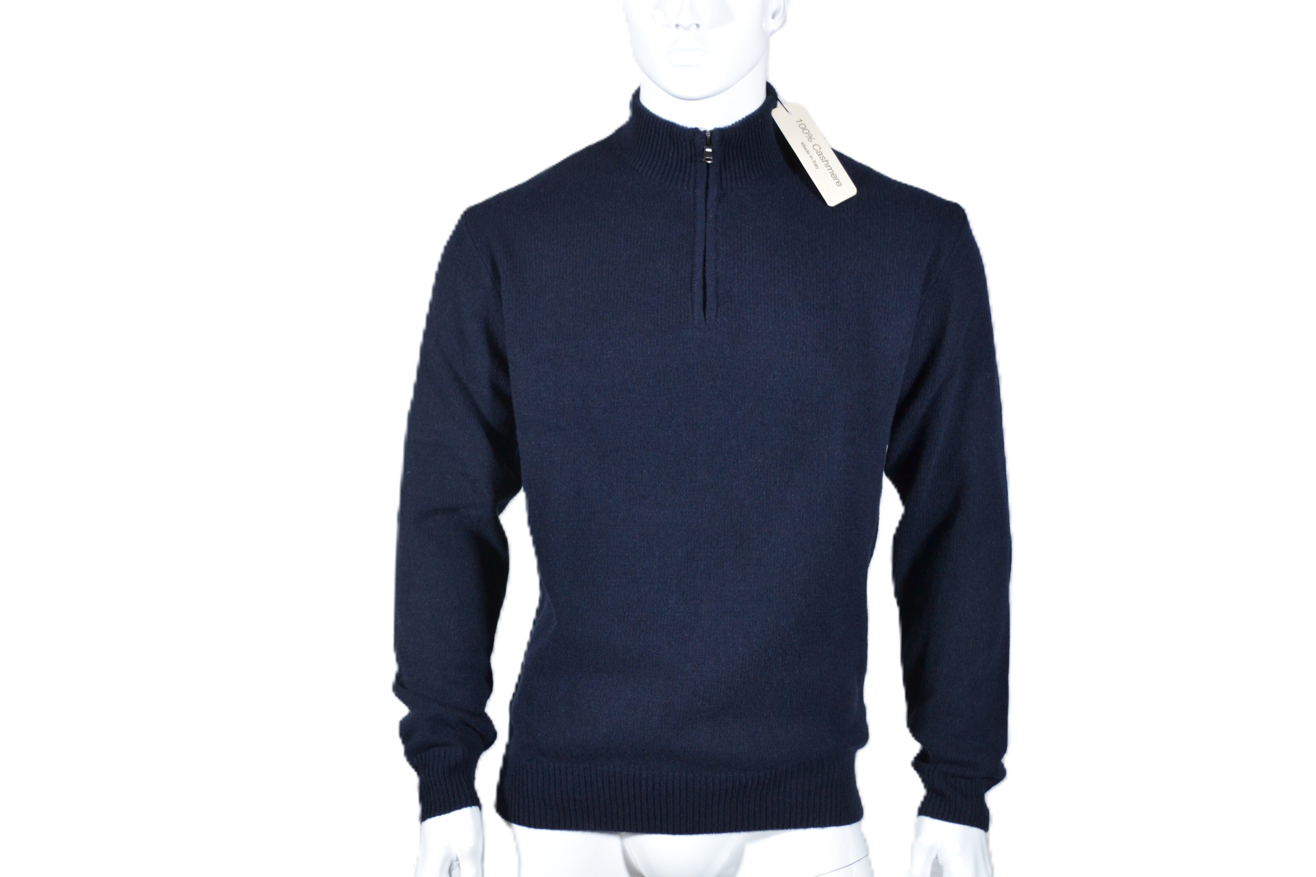 Suéter 100% cashmere, Made in Italy con cremallera zip, color azul marino