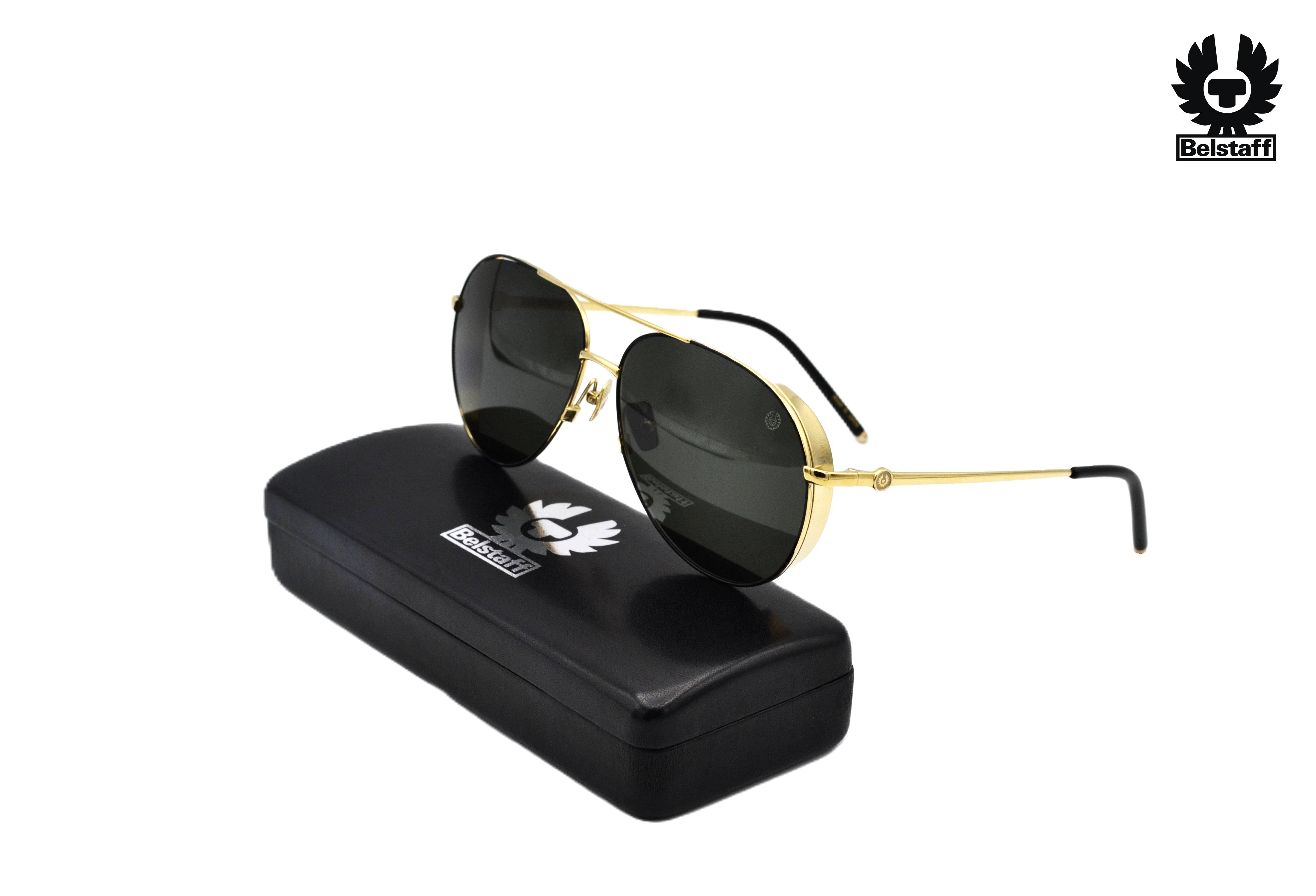 Gafas de sol Belstaff ARCHER Dorado, Diseño de aviador de metal, Fabricado en Japón