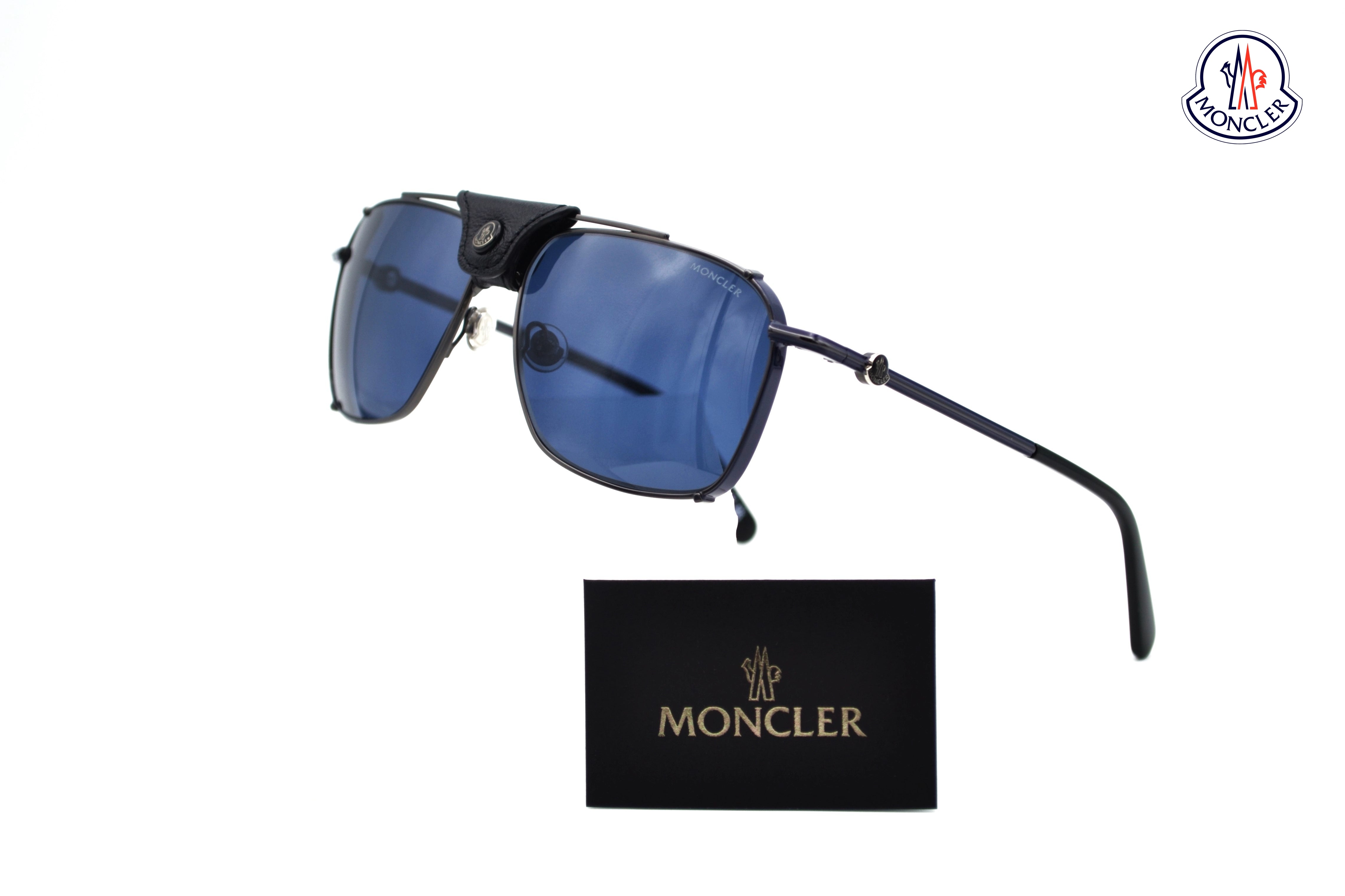 Moncler Gattion ML0287 08V Sunglasses - Polarized Lenses, Rectangular Metal and Leather Design