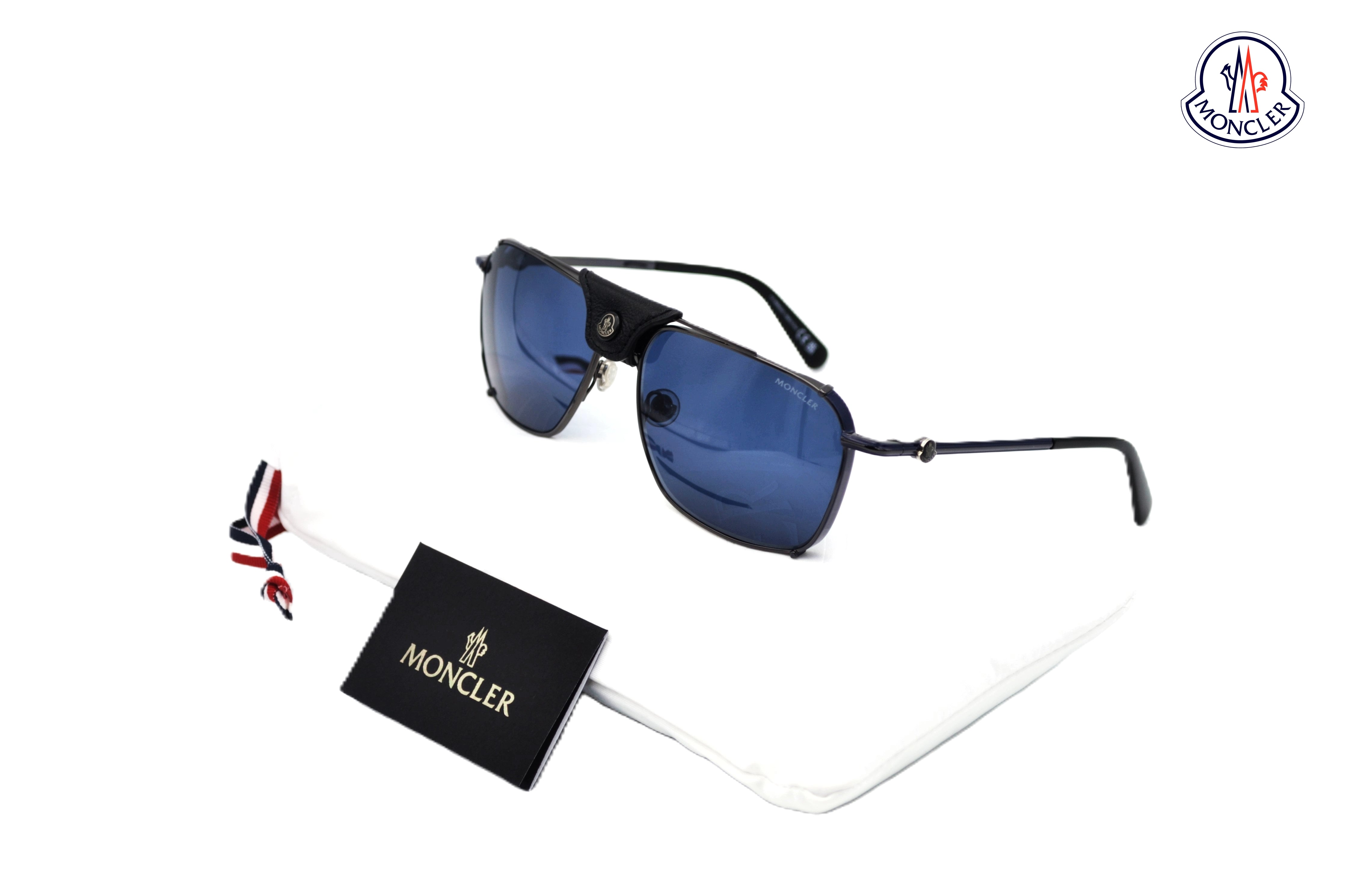 Moncler Gattion ML0287 08V Sunglasses - Polarized Lenses, Rectangular Metal and Leather Design