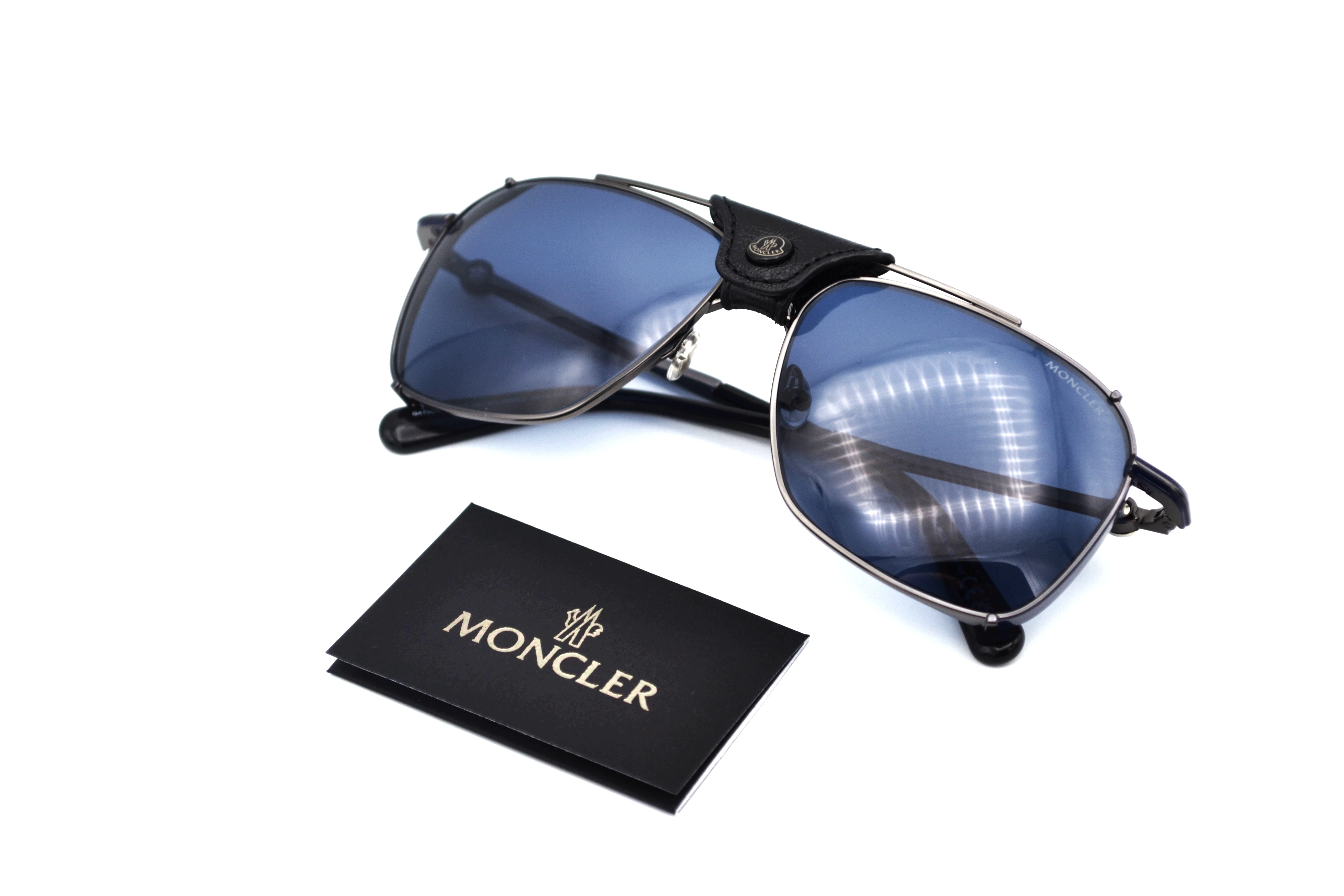 Moncler Gattion ML0287 08V Sunglasses - Polarized Lenses, Rectangular Metal and Leather Design