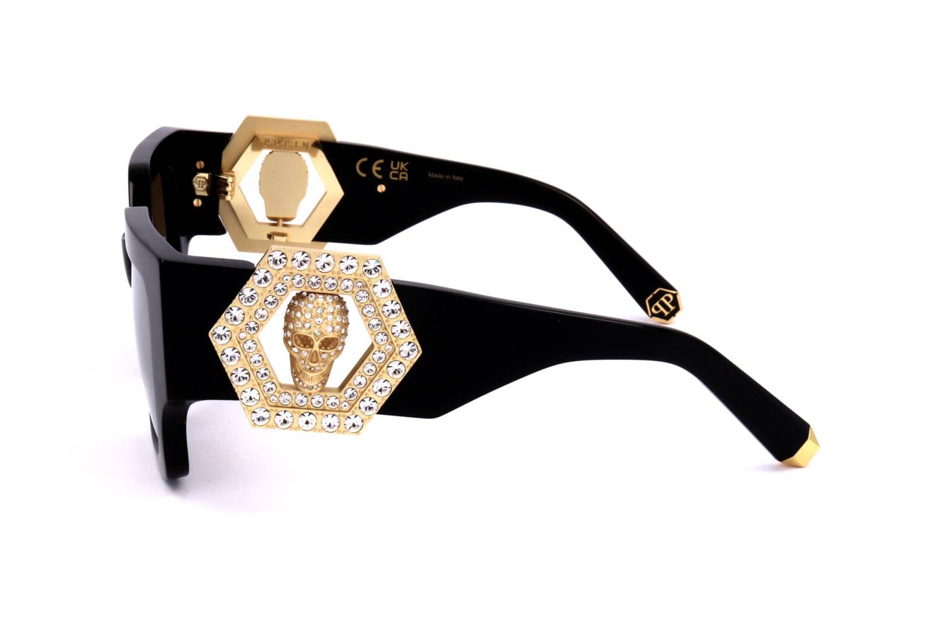 Gafas de sol Philipp Plein - Plein Jewel SPP103S Gold, Exclusiva calavera con cristales, lote con bolso y pendiente para mujer