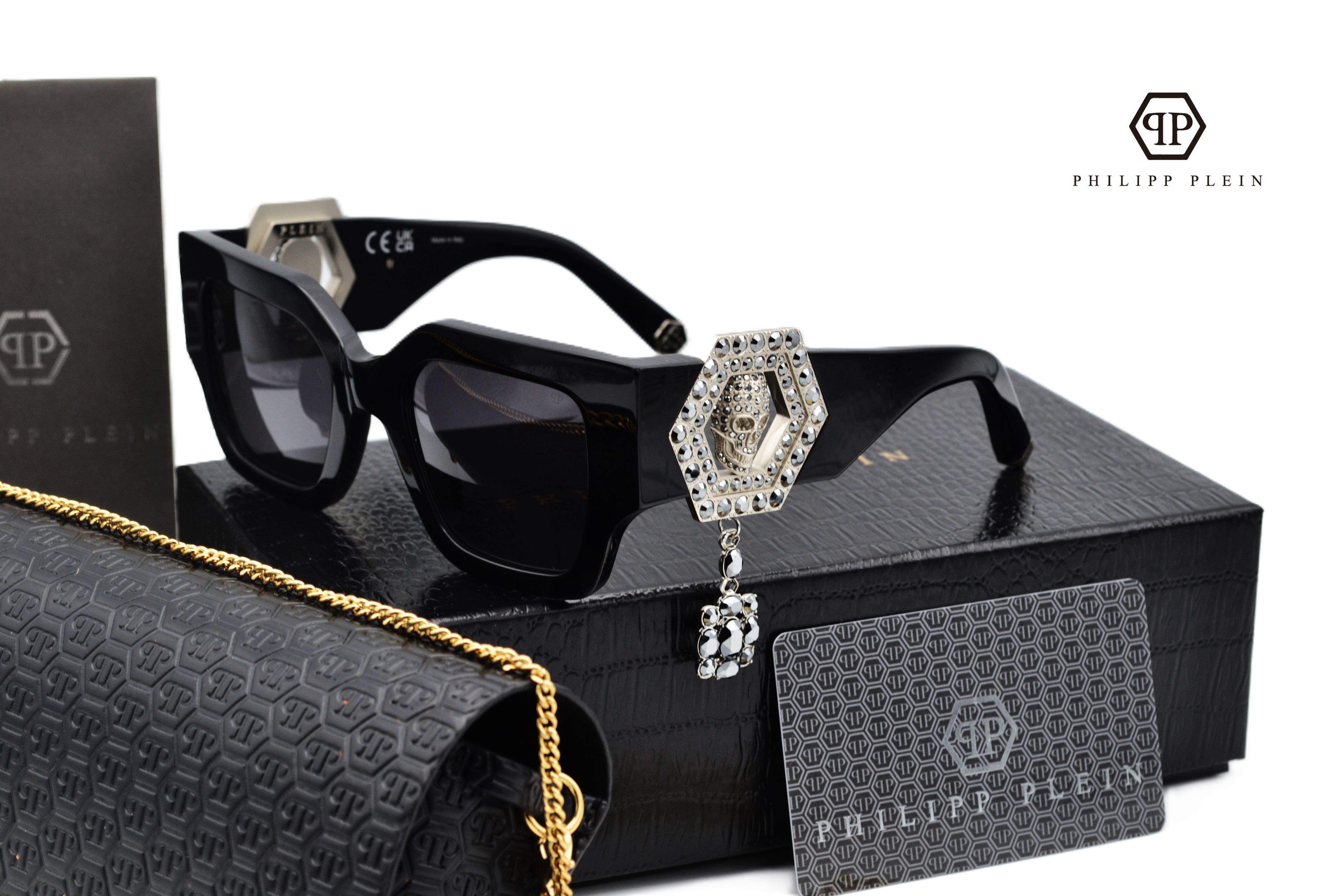 Gafas de sol Philipp Plein - Plein Jewel SPP103S, Exclusiva calavera con cristales, lote con bolso y pendiente para mujer