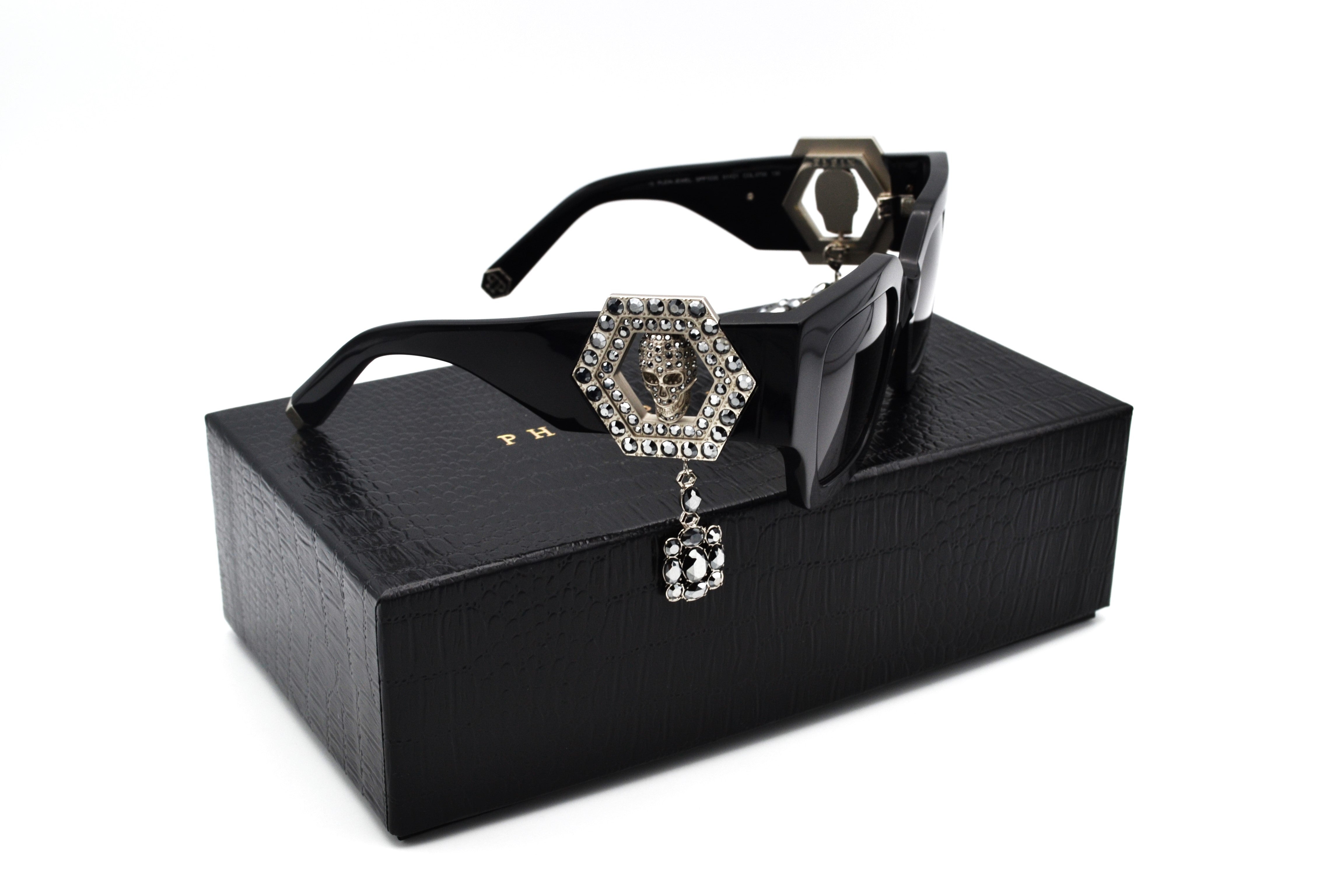 Gafas de sol Philipp Plein - Plein Jewel SPP103S, Exclusiva calavera con cristales, lote con bolso y pendiente para mujer