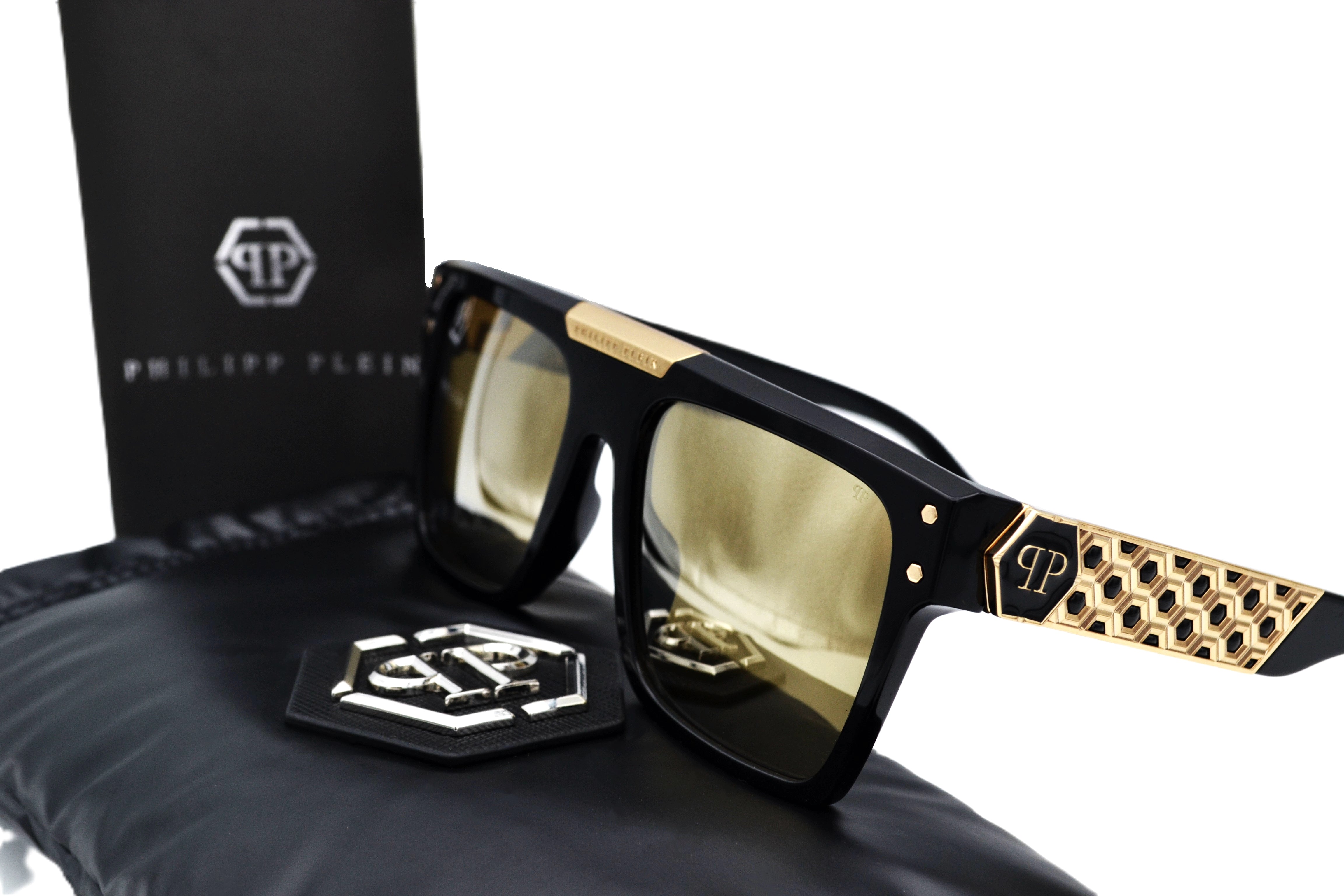 Philipp Plein Sunglasses - 23K Gold Plated - Plein Badge SPP080 700G Acetate and gold plated design for men