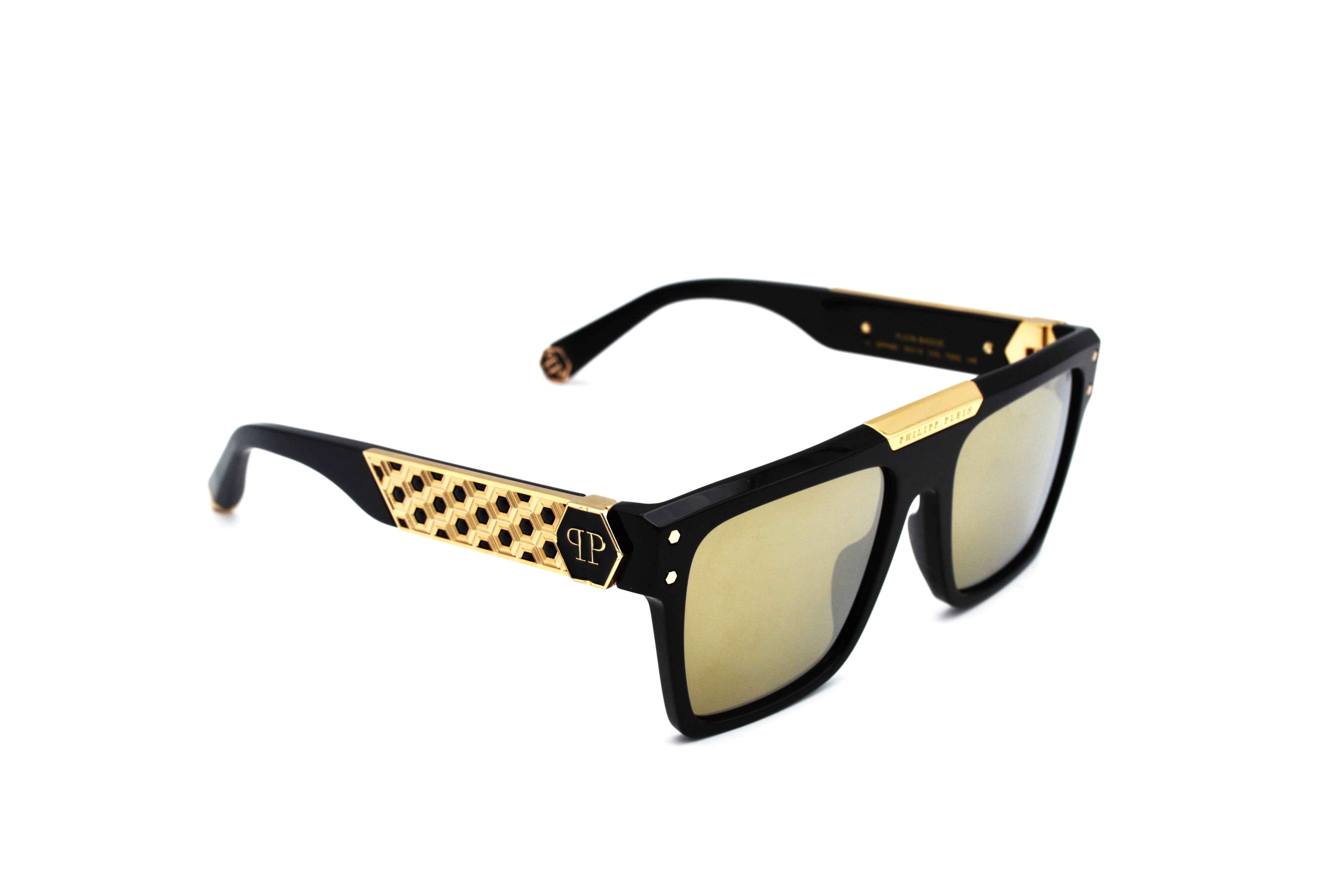 Philipp Plein Sunglasses - 23K Gold Plated - Plein Badge SPP080 700G Acetate and gold plated design for men