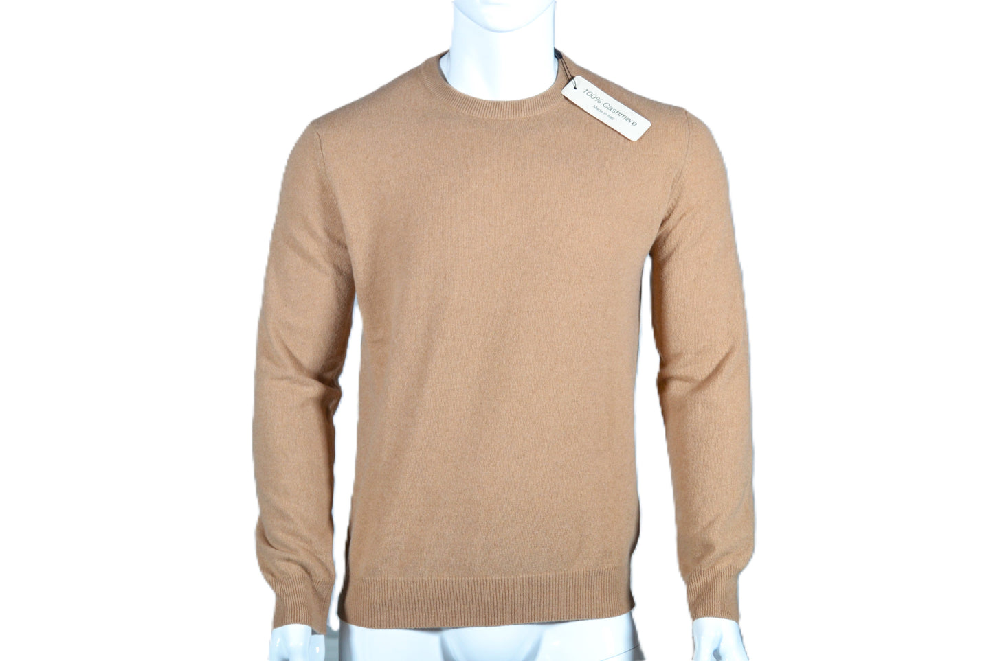 100% cashmere sweater, Made in Italy with round neck, camel color