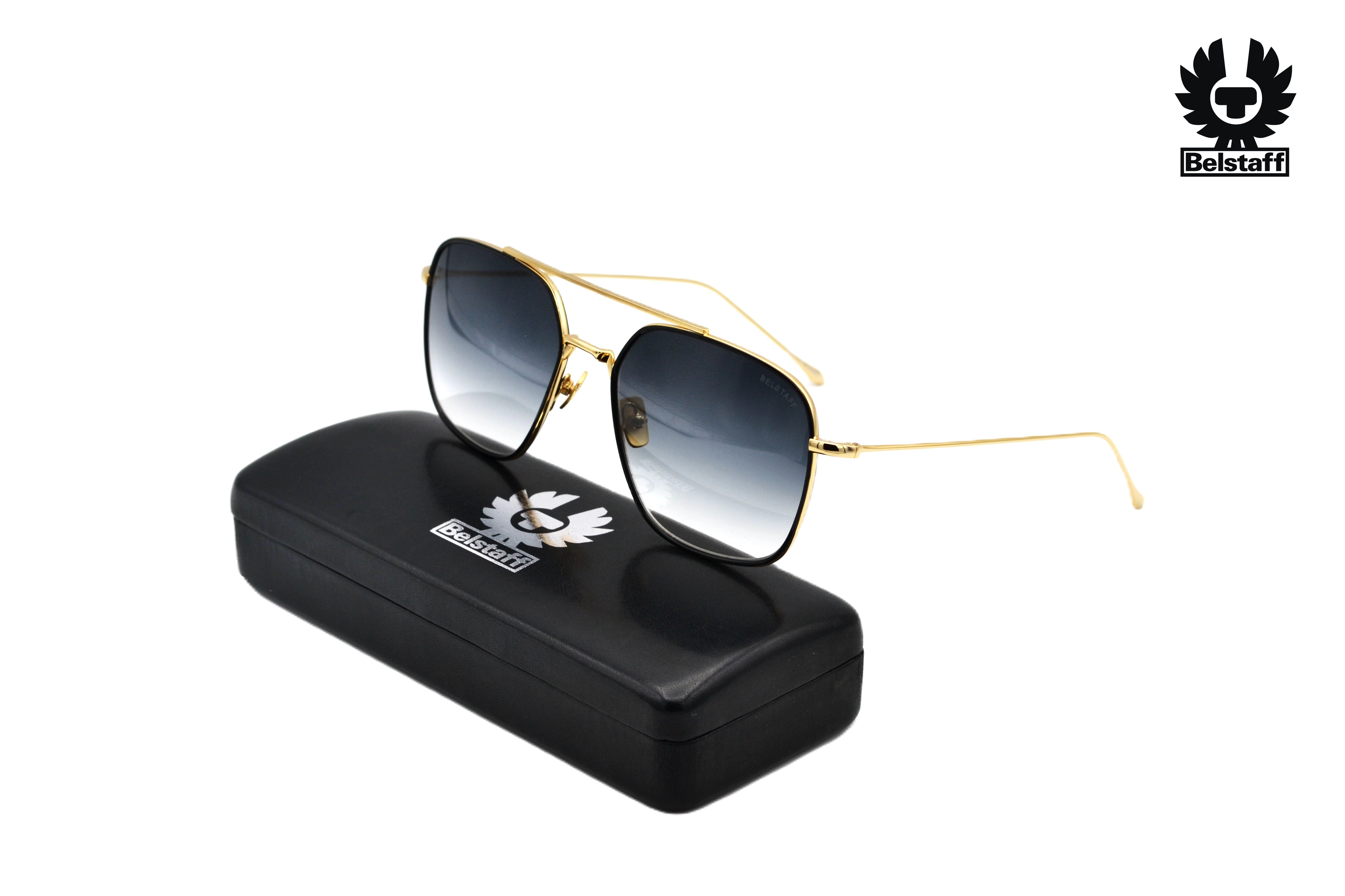 Gafas de sol Belstaff OUTLAW II BLACK, Diseño rectangular de metal, Fabricado en Japón