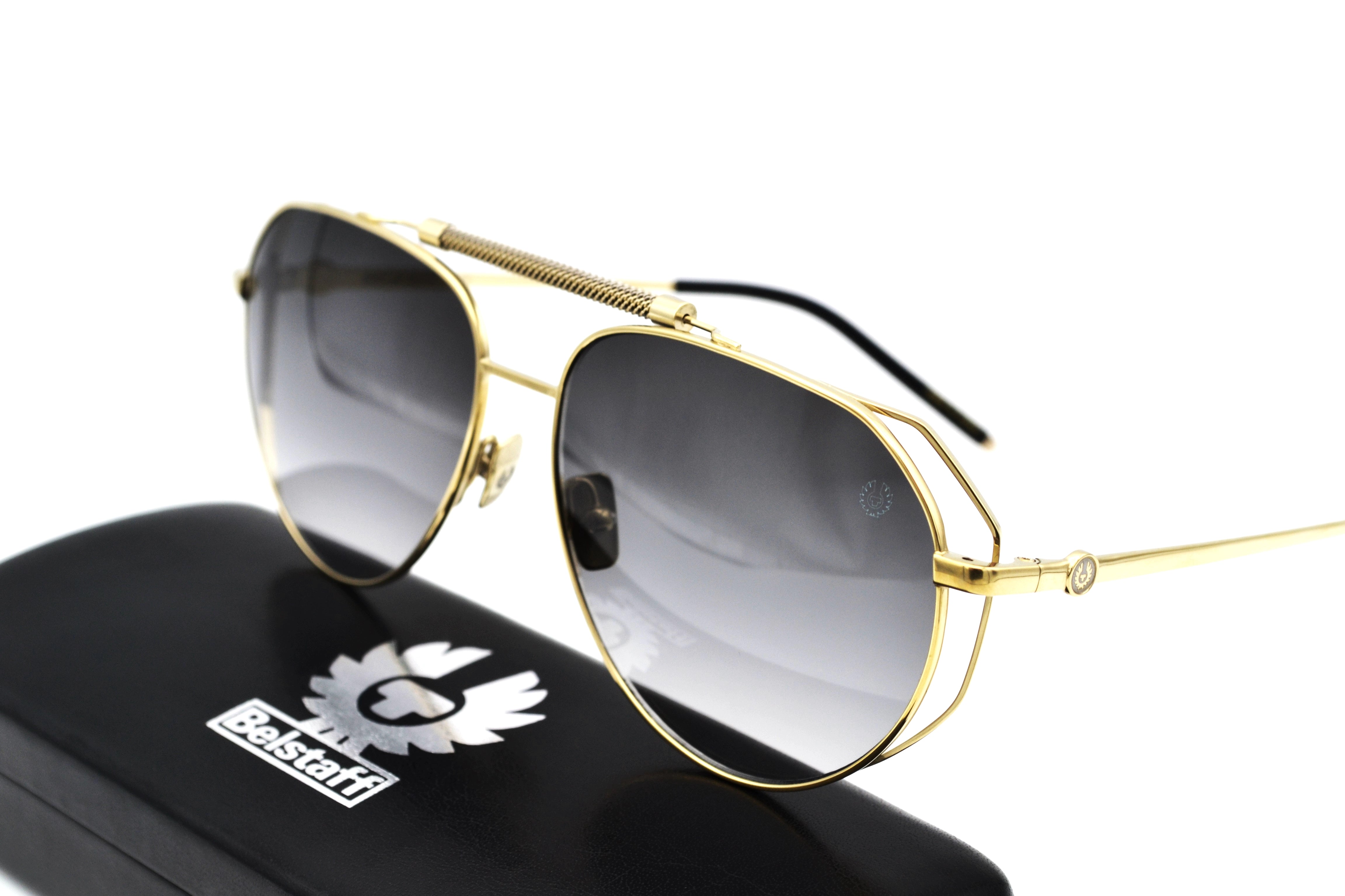 Gafas de sol Belstaff LEGEND Dorado, Diseño de aviador de metal, Fabricado en Japón